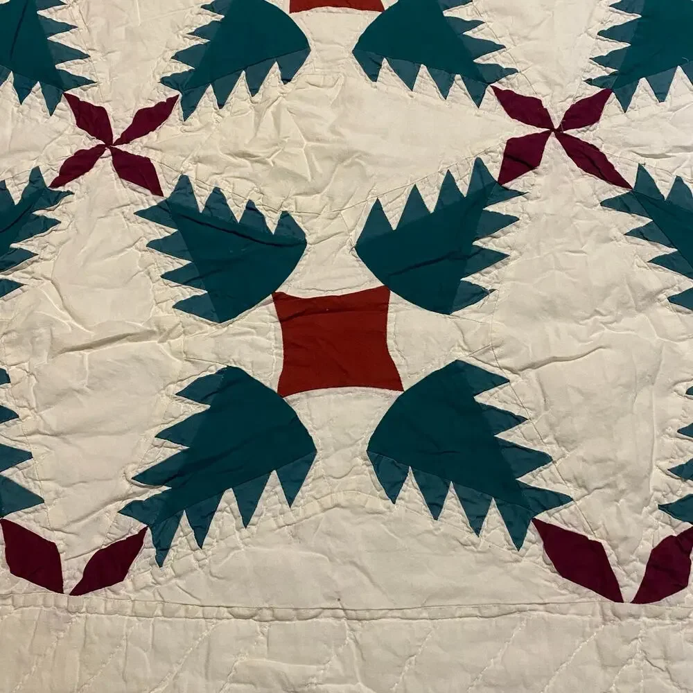 Vintage Patchwork Quilt Set 2 Shams Twin Full Cream Green Red Cotton Bedding